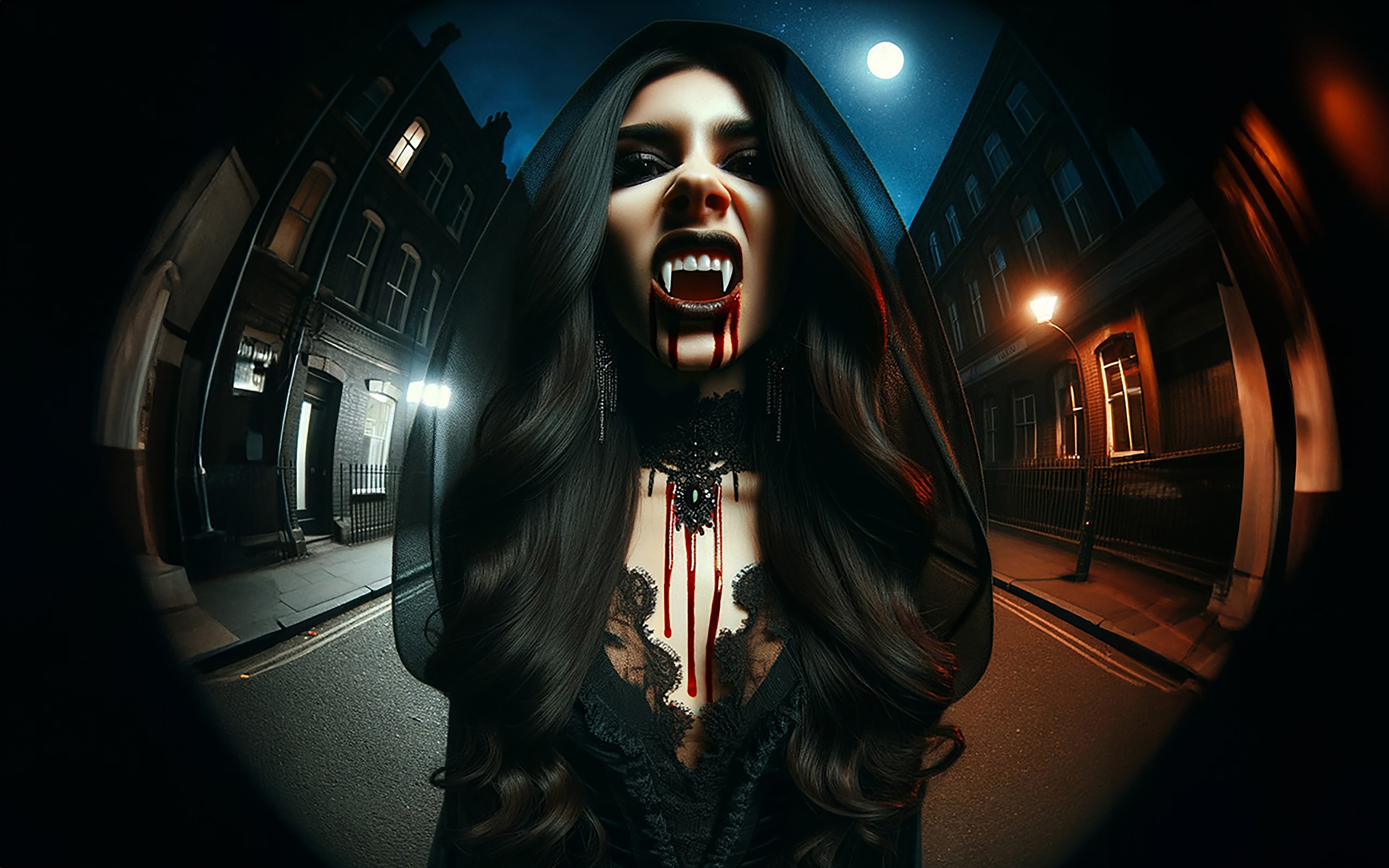 Vampire Mouth — Blood-red lips, fangs bared. A classic of the dark. Dark art print for sale.