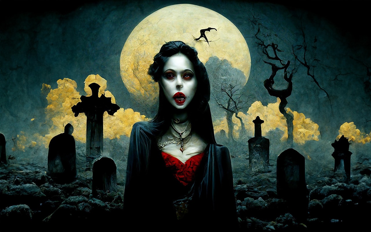 Cemetery Vampire — She rises from the graveyard under a full moon. Dark art print for sale.