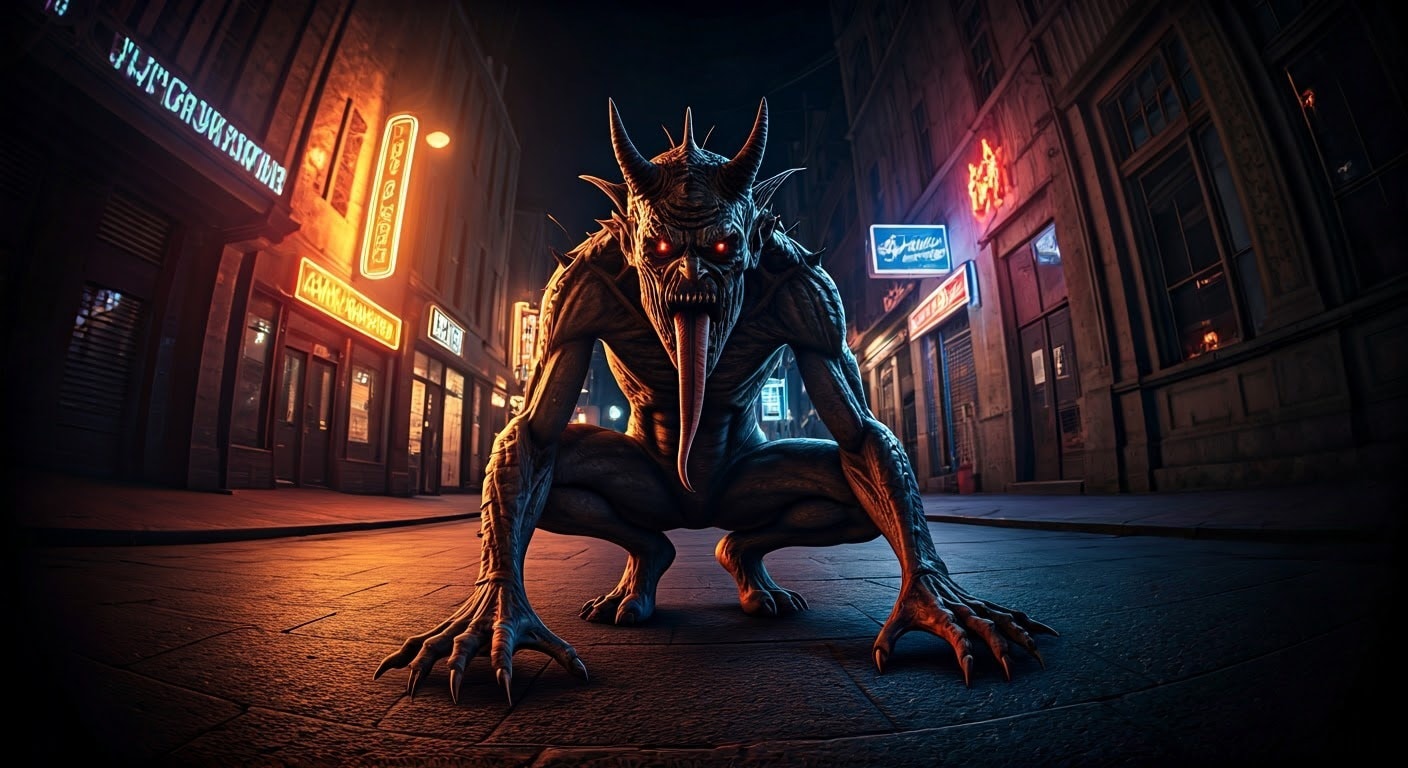 Street Demon — A demon crouches in the neon-lit city streets, red eyes burning. Dark art print for sale.
