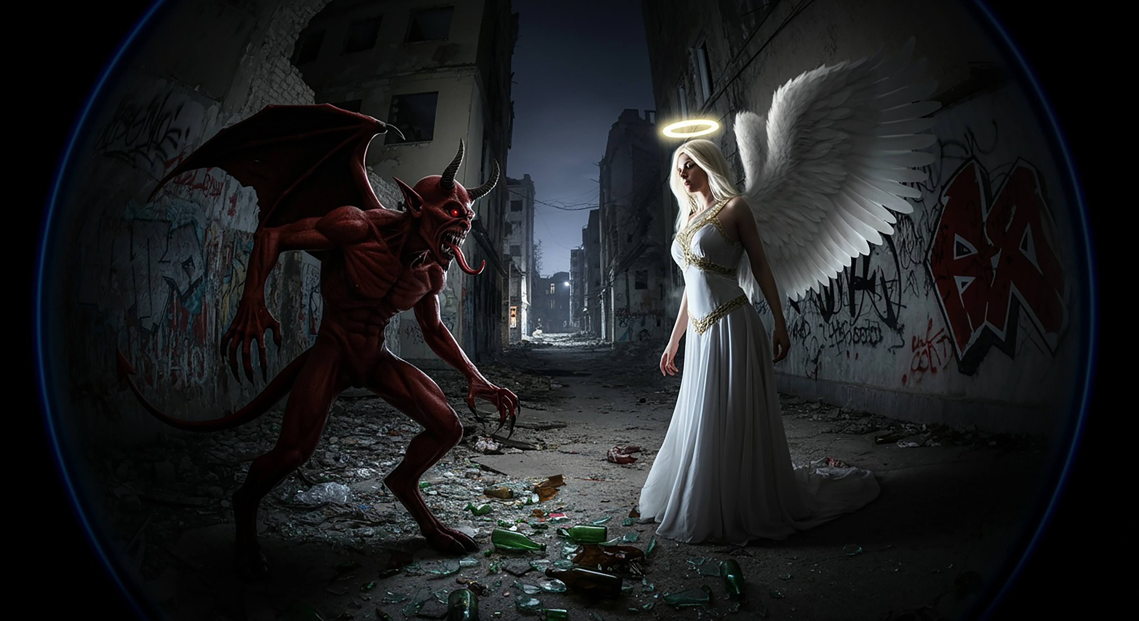 the Encounter — angel meets demon Dark art print for sale.