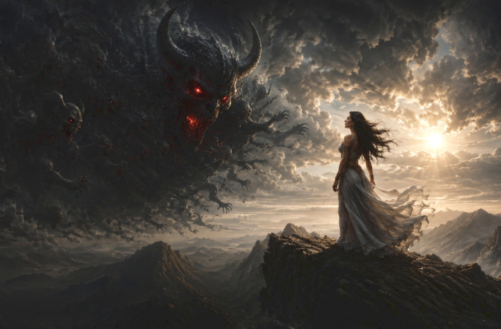 Dark Cloud — Young woman faces demons in the clouds. Dark art print for sale.