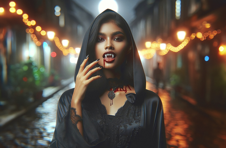 Dark Passion — A beautiful young vampire woman walks the streets. Dark art print for sale.