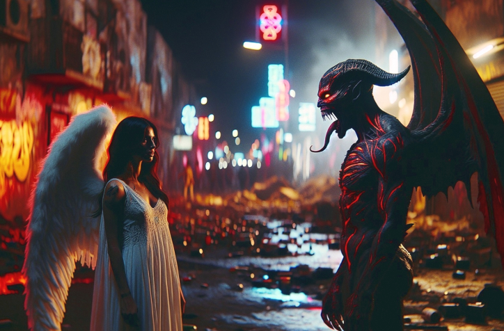Angel Meets Demon — A celestial angel faces a terrifying demon in a neon-lit urban alley. Psychedelic art print for sale.