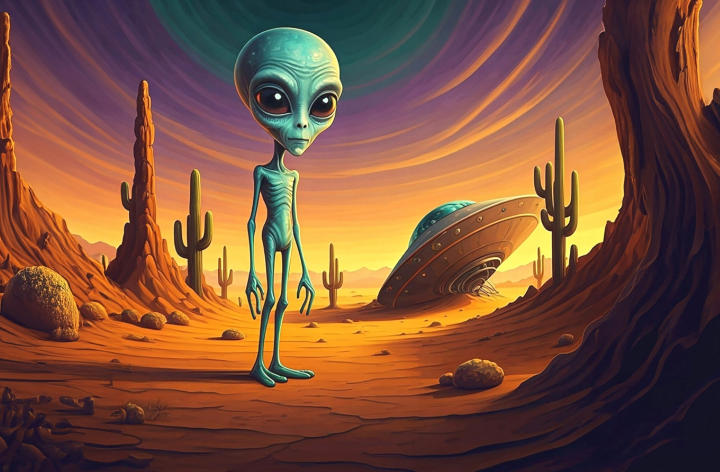 Alien Desert Crash — UFO crashes in the desert Psychedelic art print for sale.
