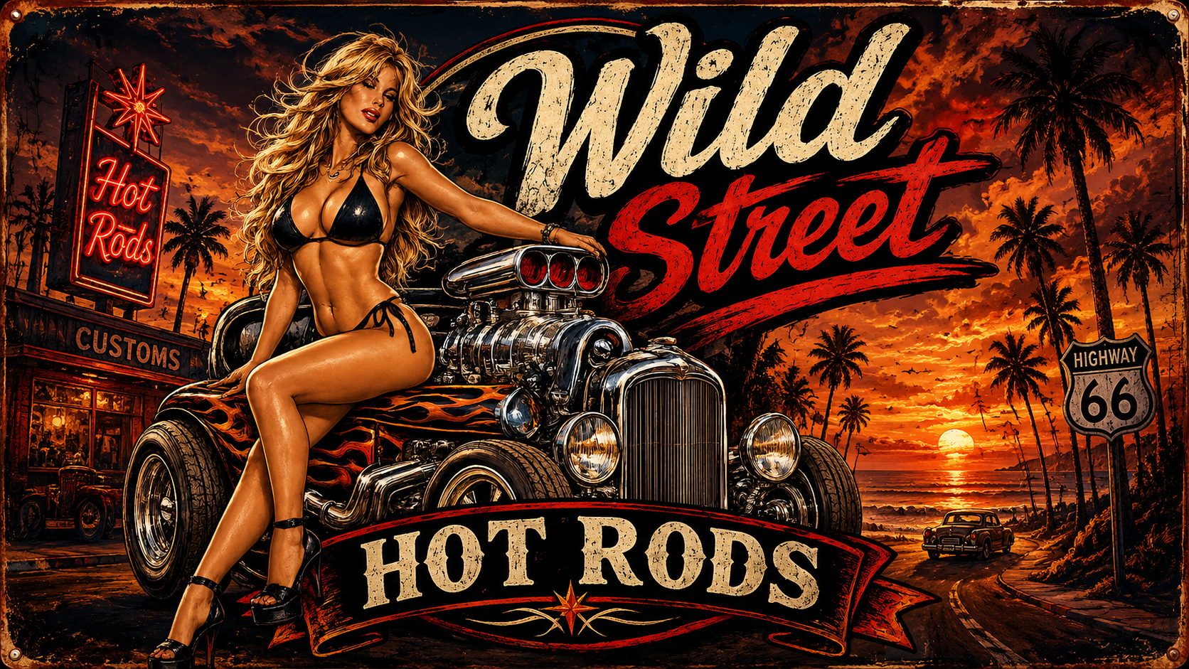 Wild Street Hot Rods — Vintage Hot Rod Poster Hot rod art print for sale.