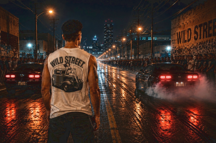 Drag Race — Wild Street guy watches two muscle cars race on a rain-slicked city street at night Hot rod art print for sale.