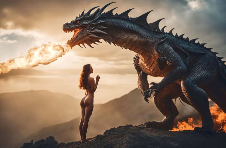 Dragon Embrace — Beautiful nude young woman encounters dragon. Psychedelic art print for sale.