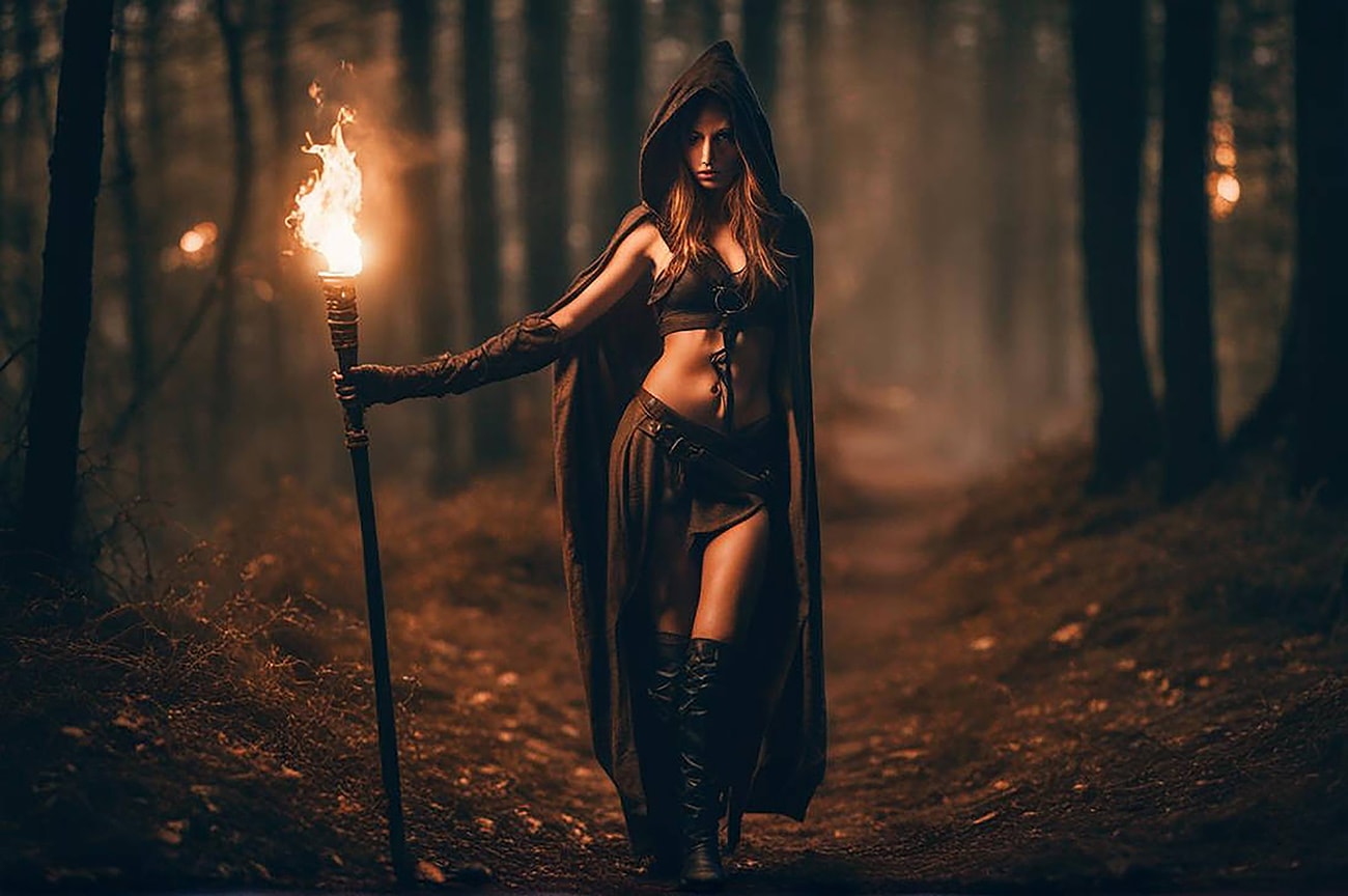 Witch of the Woods — A hooded witch strides through the dark forest, flaming torch in hand. Occult art print for sale.