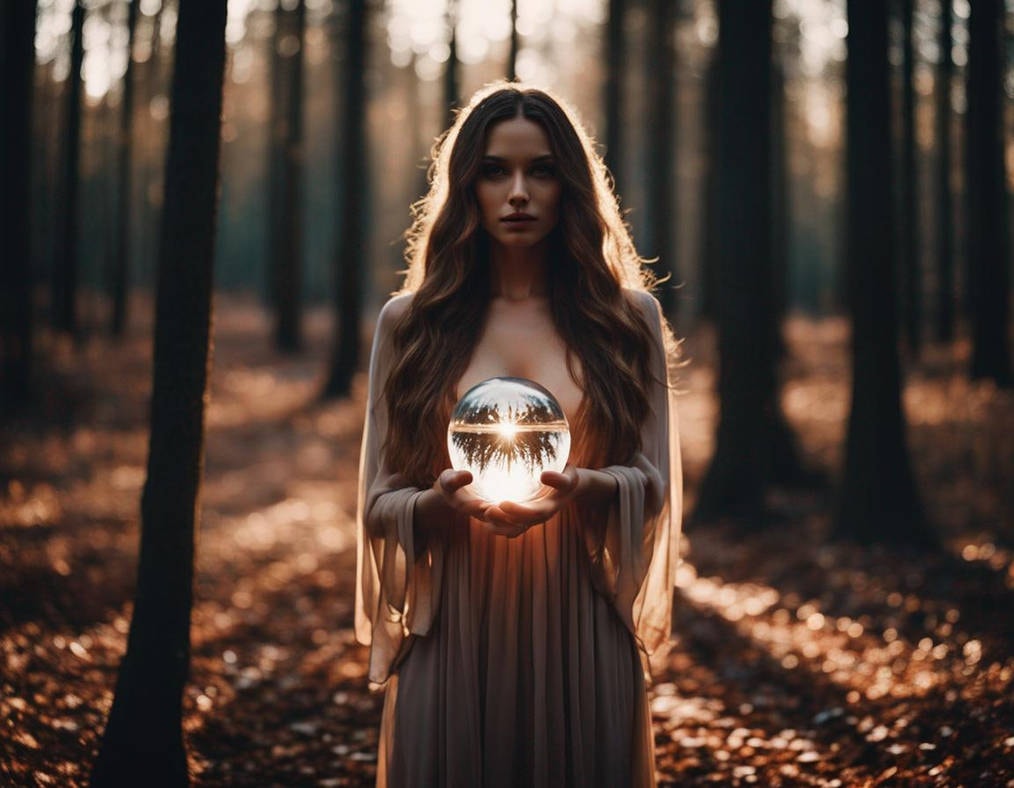 Surise Crystal Ball — A beautiful witch holds a crystal ball in the rising sun of the forest.. Occult art print for sale.