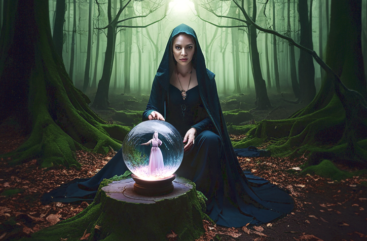 Mystic Forest Sorceress — Deep in the woods she performs her magick Occult art print for sale.