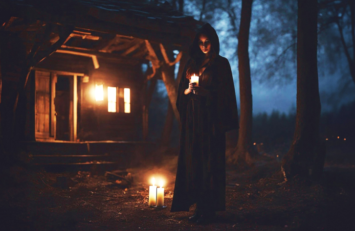 Witch House — A beautiful witch stands outside her house in the woods at night. Occult art print for sale.
